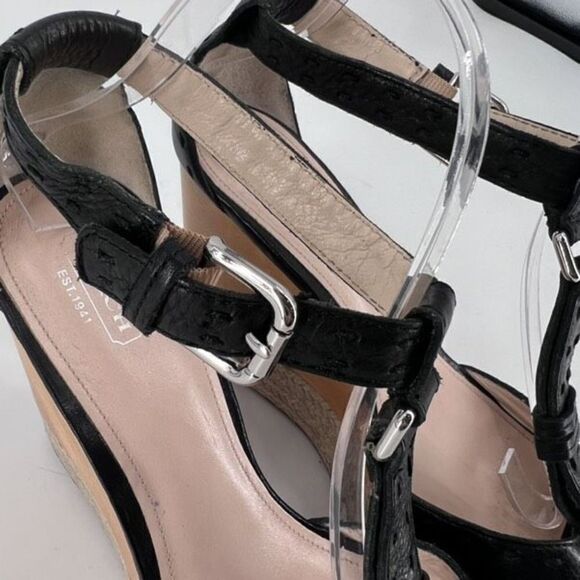 Coach Gala Black Leather Wedges Espadrille Wood Size 10 Peep toe T Strap Sandals - Picture 9 of 12